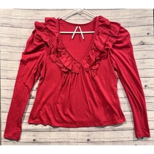 Anthropologie Ruffled V-Neck Top Sz M Shirt Pink Red Blouse Puff Sleeve